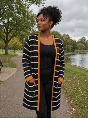 Striped Black and Cream Open Cardigan with Mustard Trim